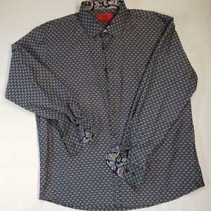 Elie Balleh, Lg black& gray , herringbone pattern reversible cuffs button shirt.